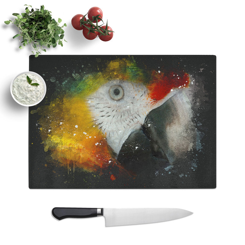 A Macaw Parrot Paint Splash Chopping Board, 0.4cm H x 28.5cm W x 39cm L
