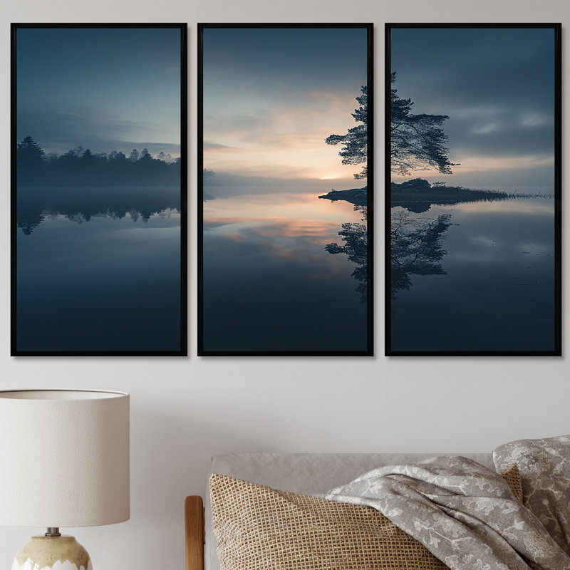 «Blue Morning Fog Over Forest Lake», ensemble d'art mural lac, Cadre flottant noir, H 40 po x l 60 po x P 1 po