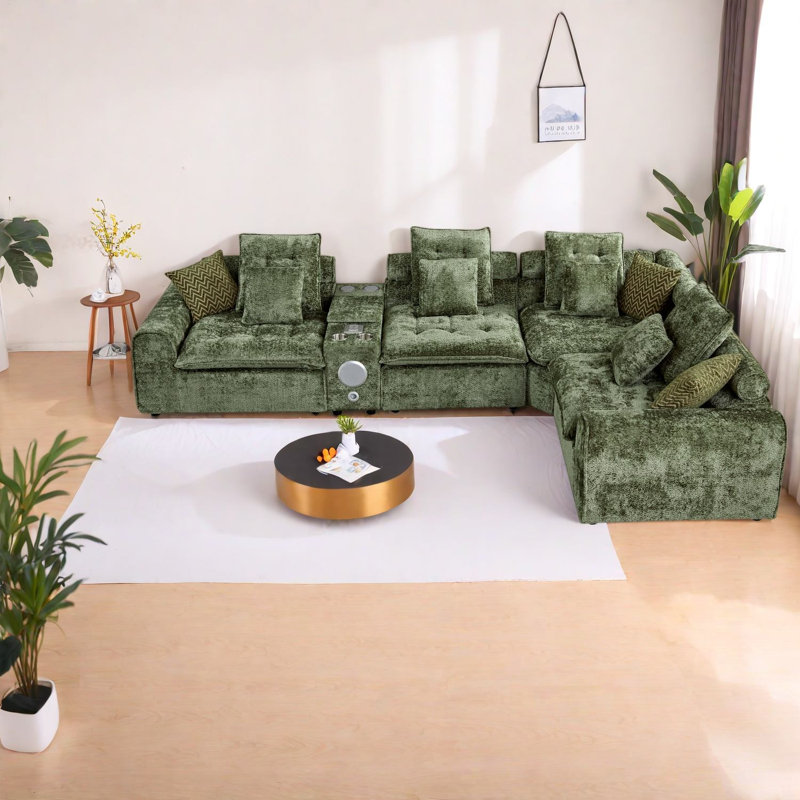 Canapé d'angle moderne en boucle verte avec rangement, modulable 137,7 pouces, Vert