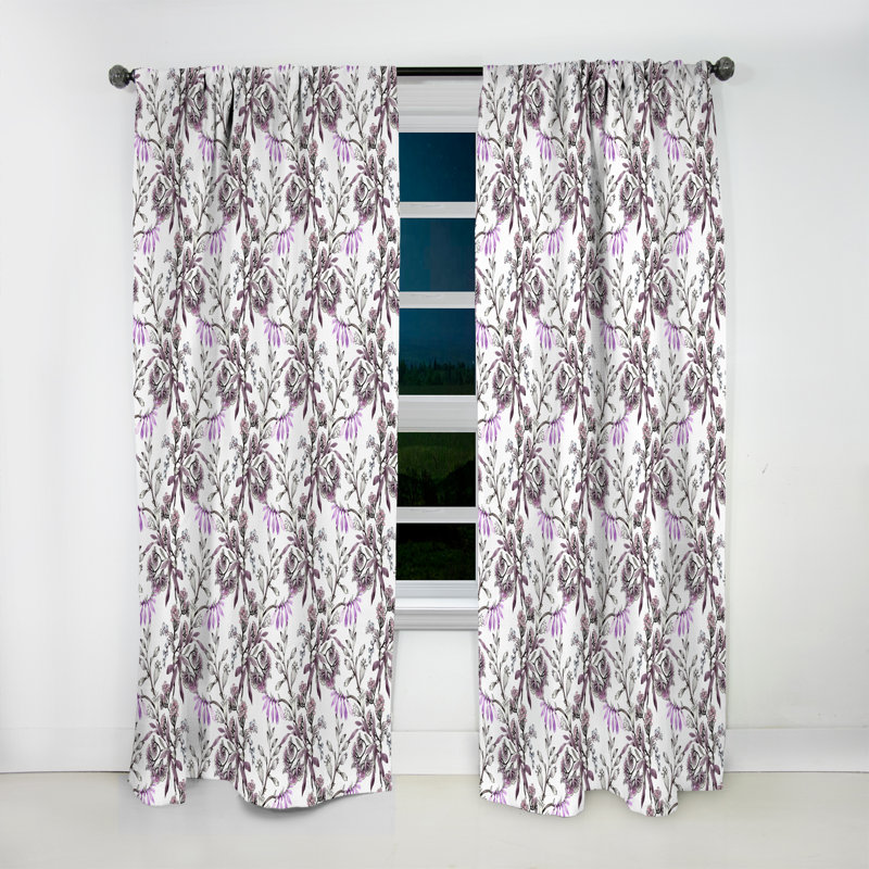 Hand drawn purple flowers - Linen Curtain, 52" W x 95" L
