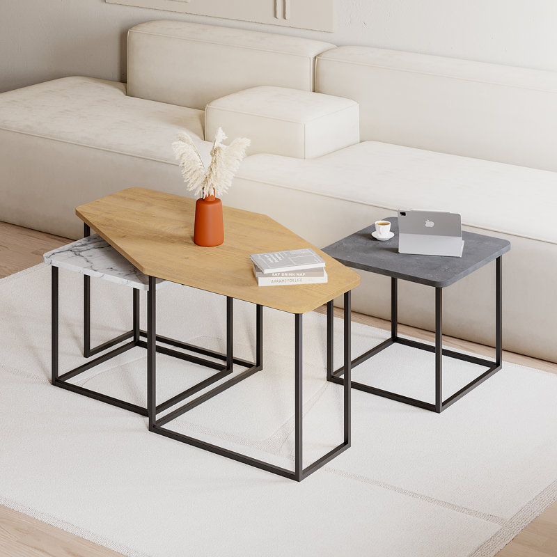 Bukurie Frame Nesting Coffee Table Set, Sapphire Oak/Marble White/Grey