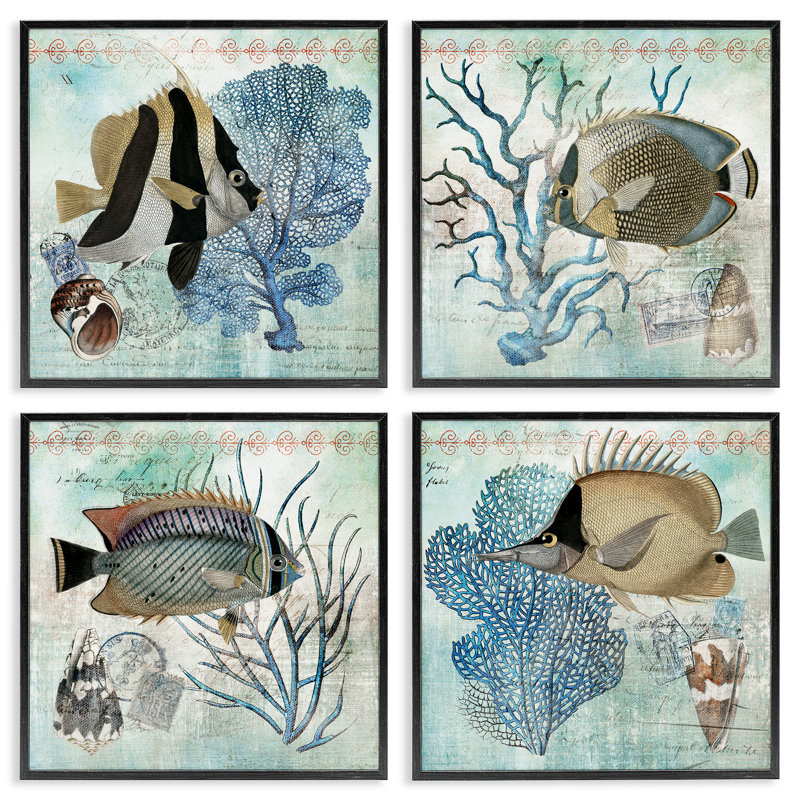 «Tropical Fish & Coral Collages», ensemble de 4 giclées encadrées par Susan Arnot, H 12 po x l 48 po