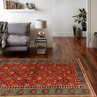 Aala Geometric Handmade Hand-Knotted Rectangle 4'3" x 5'11" Wool Area Rug in Red