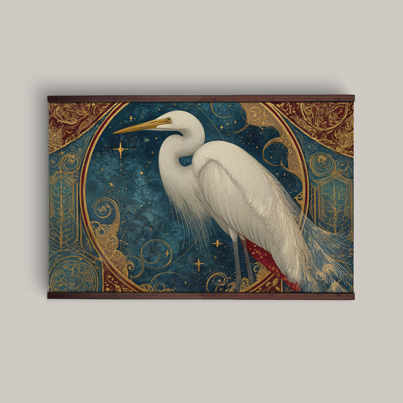 Très grande tapisserie héron sur toile, H 45 po x l 73 po
