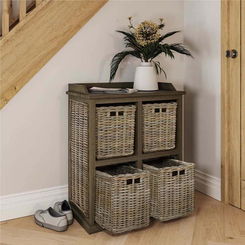 Aliyaha 4 Drawer Hallway Storage Unit. Handmade Kubu Rattan Storage Baskets, Grey Wash