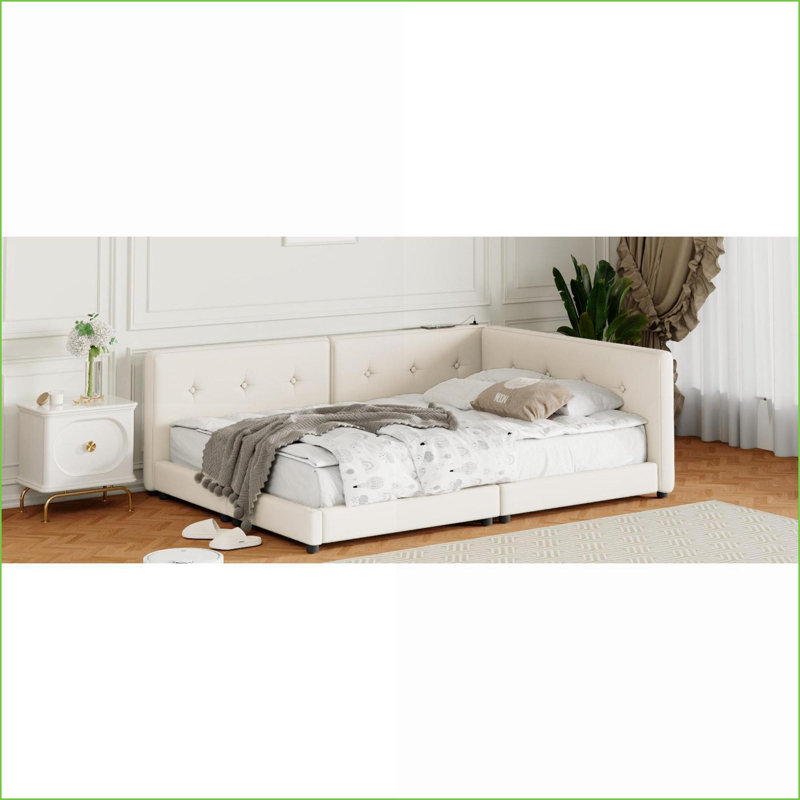 Structure de lit tapissier grand format en lin avec ports USB, aucun sommier nécessaire, beige pour la chambre à coucher