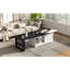 Table basse design à plateau relevable avec portes coulissantes de style grange et plateau pivotant, idéale pour des week-ends de détente à la maison. Décor moderne.