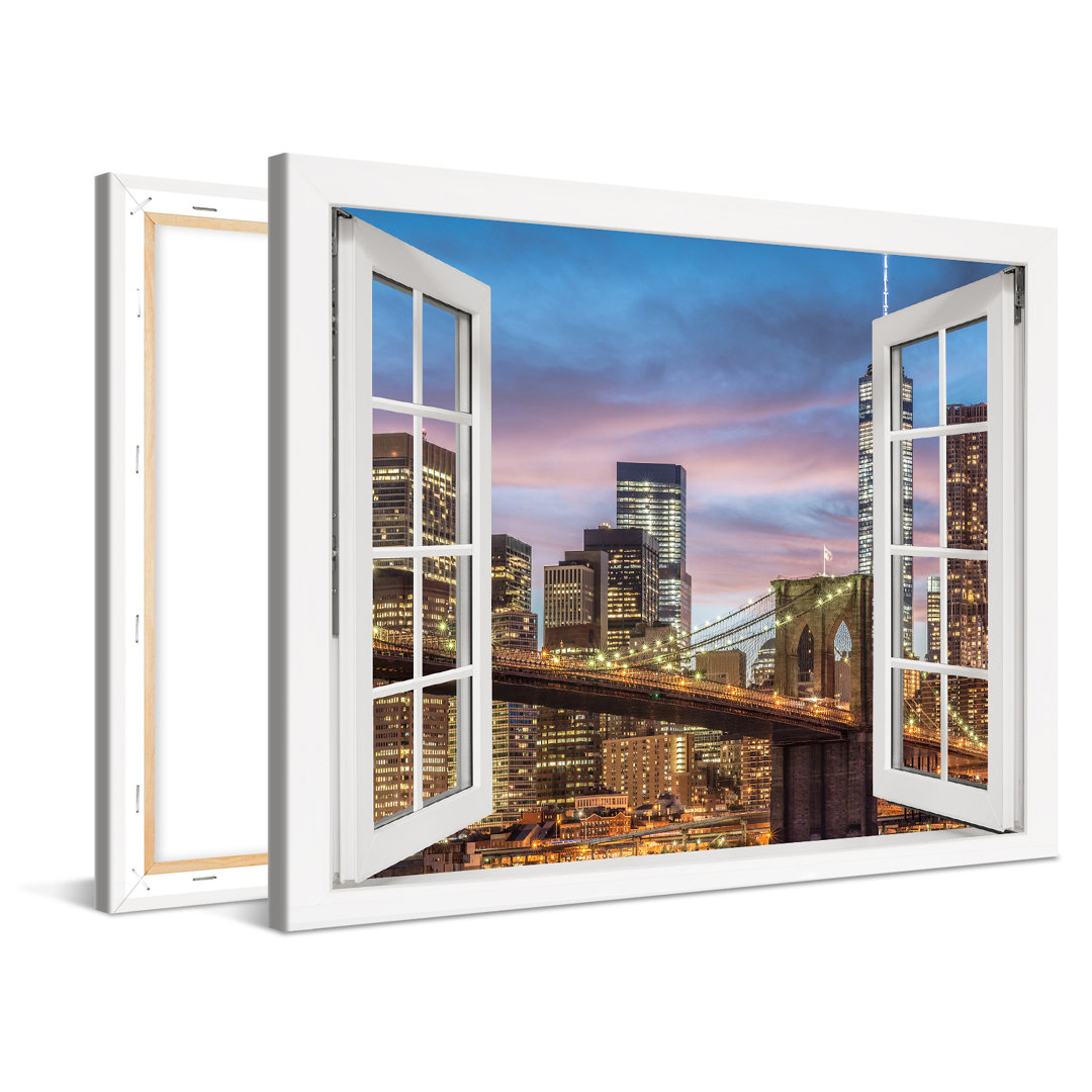 Leinwandbild New York Manhattan Brooklyn Bridge Fenster 100X75cm – Premium Leinwanddruck – Kunstdruck Auf 2Cm Holz-Keilr...