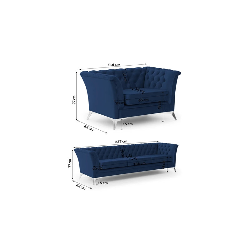 Whitby 2 - Piece Velvet Living Room Set, Navy Blue, Chrome