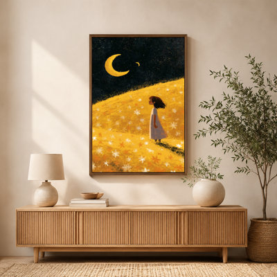 Crescent Moon Golden Field Canvas Wall Art with Floating Frame, Ready to Hang