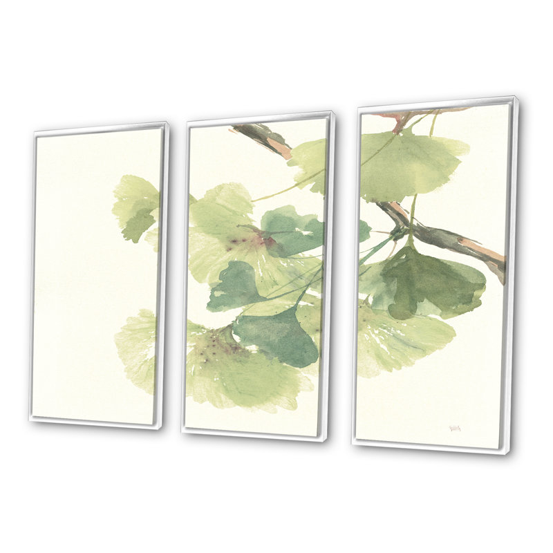 Watercolor Gingko Leaves II - 3 pièces, reproduction sur toile, 28" H x 36" W x 1" D, Cadre blanc