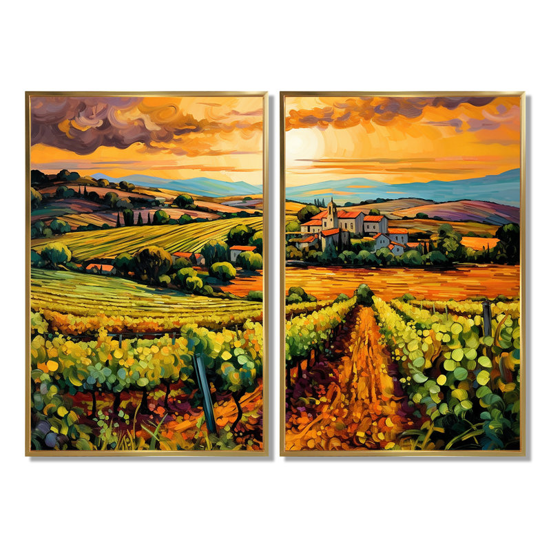 «Vangogh Sunlit Vineyard I», art mural jaune, 36" H x 48" W, Floater Framed Print without Mat, Gold
