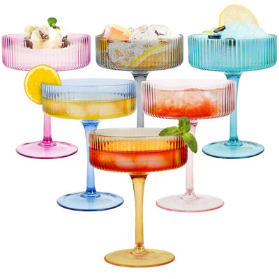 6Pcs Corrugated Vintage Champagne Glasses, Mixed Colour Cocktail Glasses, Classic Martini Glasses, Home Party Glasses, Suitable for Champagne and Cocktails