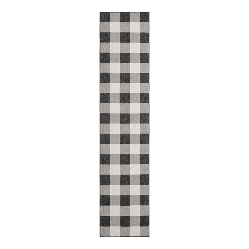Tatasha Gingham Power Loom Polypropylene Plastic Indoor/Outdoor Area Rug in Black/White, Runner 2'7" x 12'