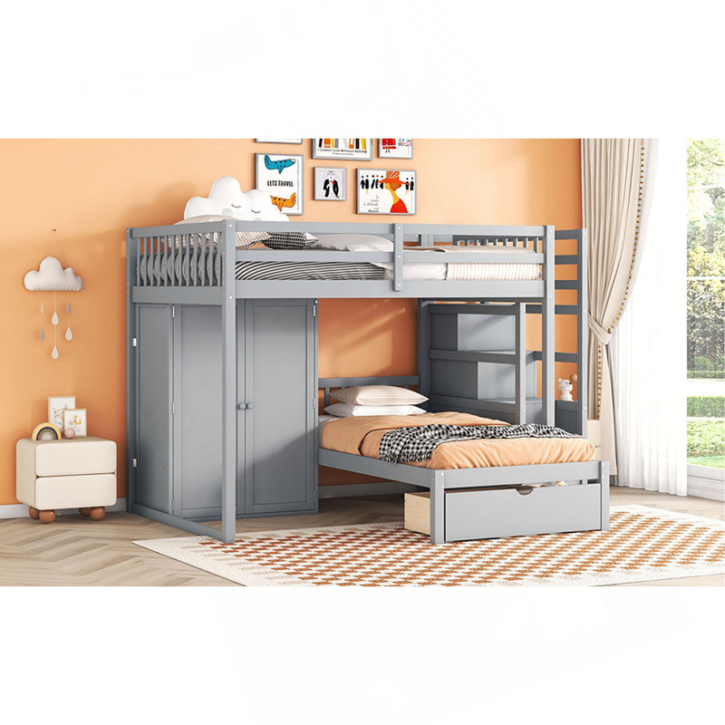 Lit superposé double au-dessus de simple avec garde-robe et tiroirs, Gris