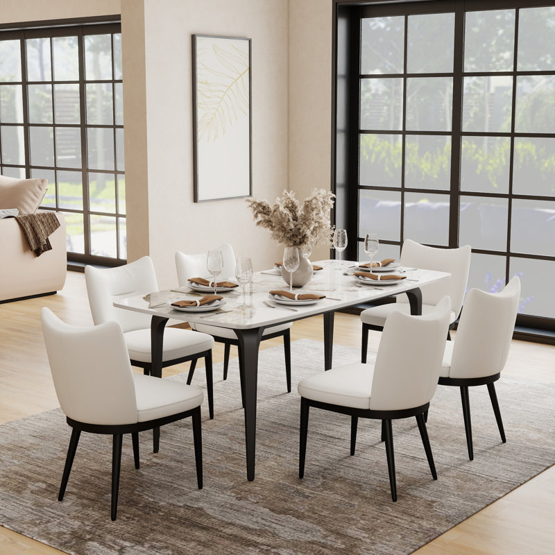 Ensemble table et chaises de salle à manger 6 personnes avec plateau en pierre frittée et revêtement en cuir PU., Pandora
