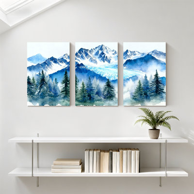 «Landscape & Nature Mountain Peaks Forest Lake Reflection», ensemble de 3 impressions sur toile