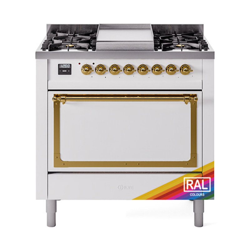 ILVE Nostalgie II Series Noblesse 36 inch Dual Fuel Range with 6 Sealed Burners (Glass Door), Brass, Liquid Propane