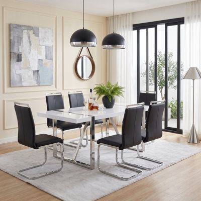 Modern Glam High-Gloss Rectangular Dining Table with Metal Pedestal Base