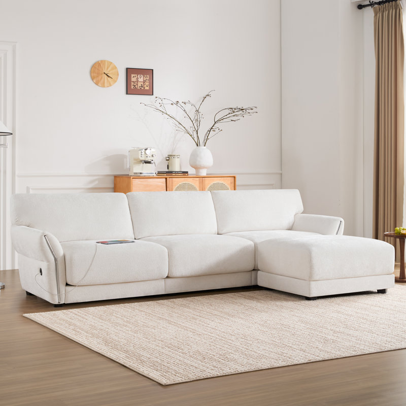 110" Petal Armrest Sectional Sofa, Extra-Wide Seat, USB And Type-C Charger, Adjust Ottoman &Wood Frame, White