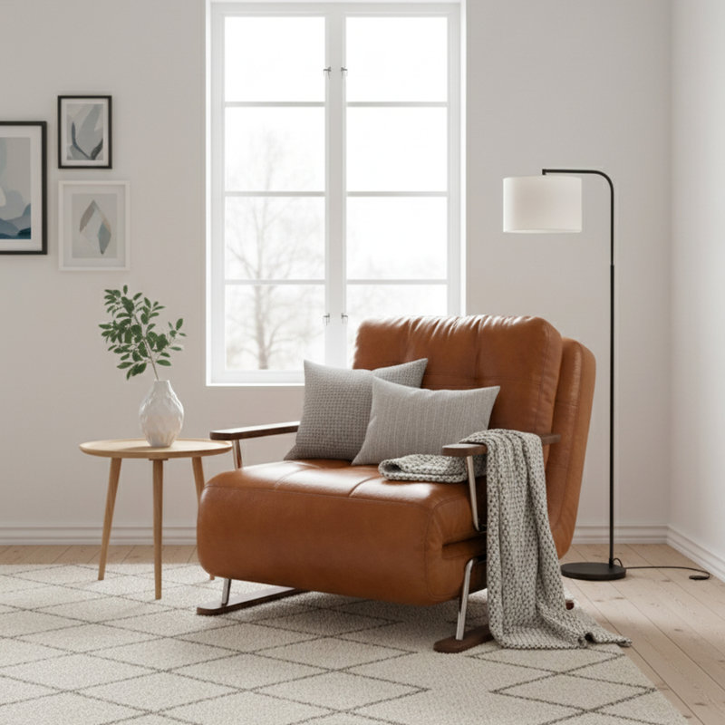 Caramel Faux-leather 4-in-1 Convertible Chair / Chaise / Sofa Bed – Foldable Space-saving Sleeper