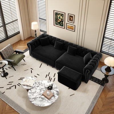 Chesterfield Sofa,89 " W 3-in-1 Pull-Out Sofa Bed, Convertible Sleeper Sofa Bed,King Size Sofa Bed, Chaise Lounge,Velvet 3-Seater Sofa with Movable Ottoman,  Tufted Design, Black