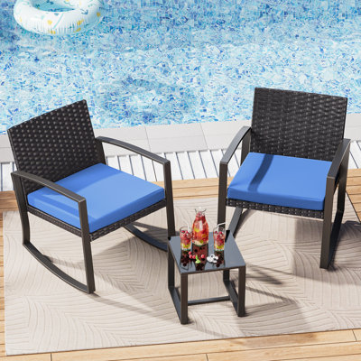 Steel 2-Person Rocking Seating Group with All-Weather Wicker Back, Cushions & Coffee Table