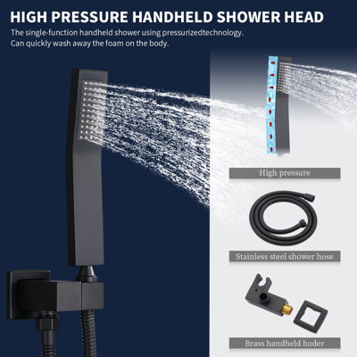 Robinet de douche mural noir mat avec pomme de pluie 10 po, douchette et valve en laiton