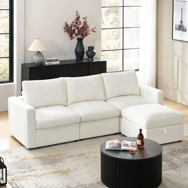 Doulyn 4 Piece Storage Modular Sectional Sofa with Multi-Functional Armrests, Beige Polyester Blend