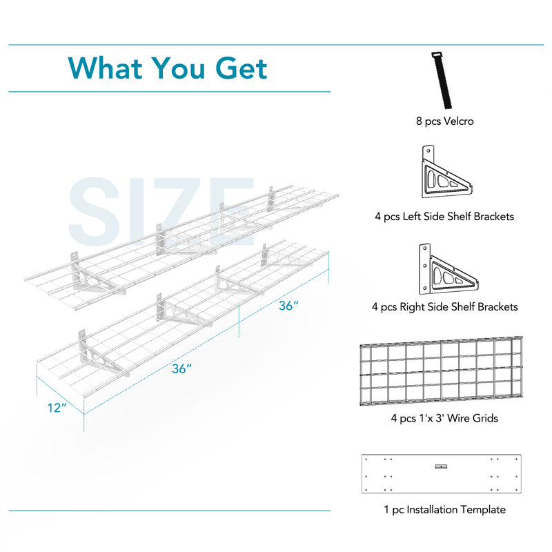 Tablettes de rangement murales pour garage, Blanc, H 12,2 po x l 72 po x P 12 po