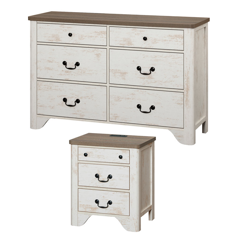 Ensemble de commode et de table de chevet 2 tiroirs en bois 2 pièces pour chambre à coucher, commode minimaliste moderne, table de bout avec station de charge