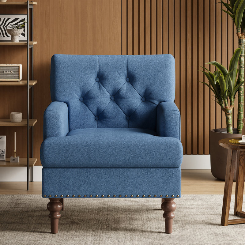 Tufted Accent Chair Ergonomic High Leg Armchair with Breathable Fabric Nailhead Trim, Blue