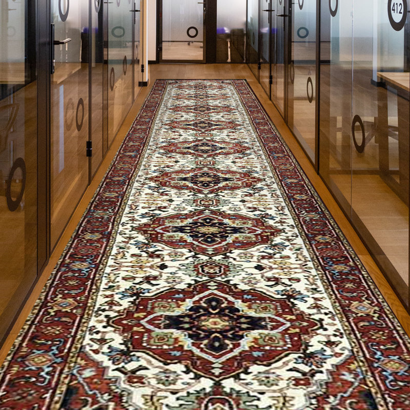 Hand Knotted Wool Oriental Area Rug in Ivory/Red, Runner 2'6" x 18'