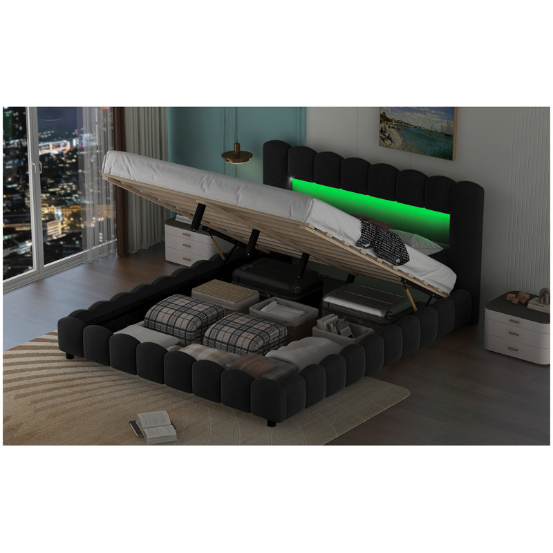 Grand lit plateforme tapissier avec tête de lit à DEL