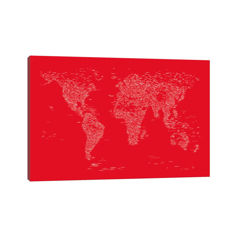 Font World Map (Red) by Michael Tompsett - Wrapped Canvas Painting, 20.32 cm H x 30.48 cm W