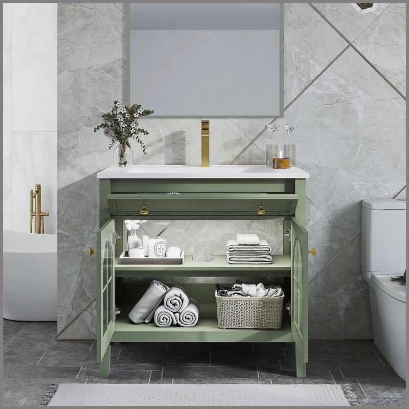 Meuble-lavabo de 35,6 pouces de style Mid-Century avec verre à motif et capteur de mouvement, autoportant avec rangement, design maison de campagne haut de gamme, vert