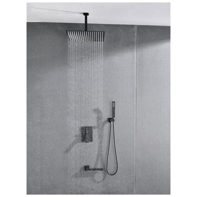 Matte Black Shower System Combo with 16 Inch Rain Shower Head, Handheld Shower and Tub Spout - High Pressure Brass Bathroom Fixture