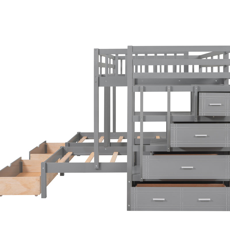 Lit superposé simple et superposé en bois de pin gris, accès au lit supérieur facile par escalier, garde-corps pour, 4 tiroirs de rangement en bois durable, sommeil,