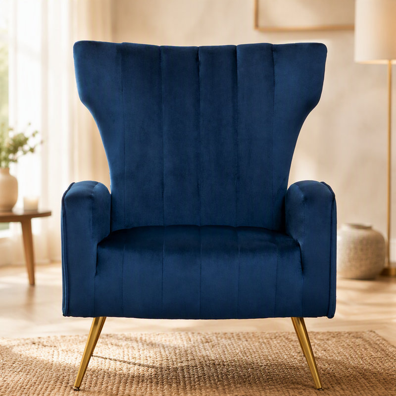 Chaise d'appoint avec pieds en métal, fauteuil rembourré, fauteuil simple pour petits espaces, Blue Polyester