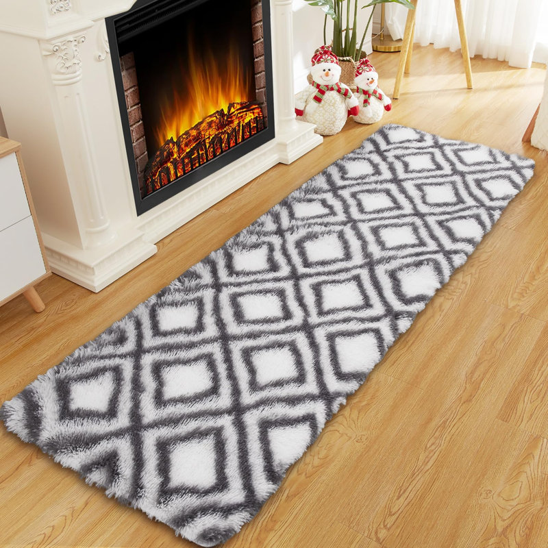 2x8 Runner Rug Shag  Hallway Runner Rug Luxury Bedside Laundry Rug Ultra Soft Fuzzy Entryway Runner Rug Luxurious Thick Plush Shag Long Rug Indoor Shag Kitchen Rug White/Grey