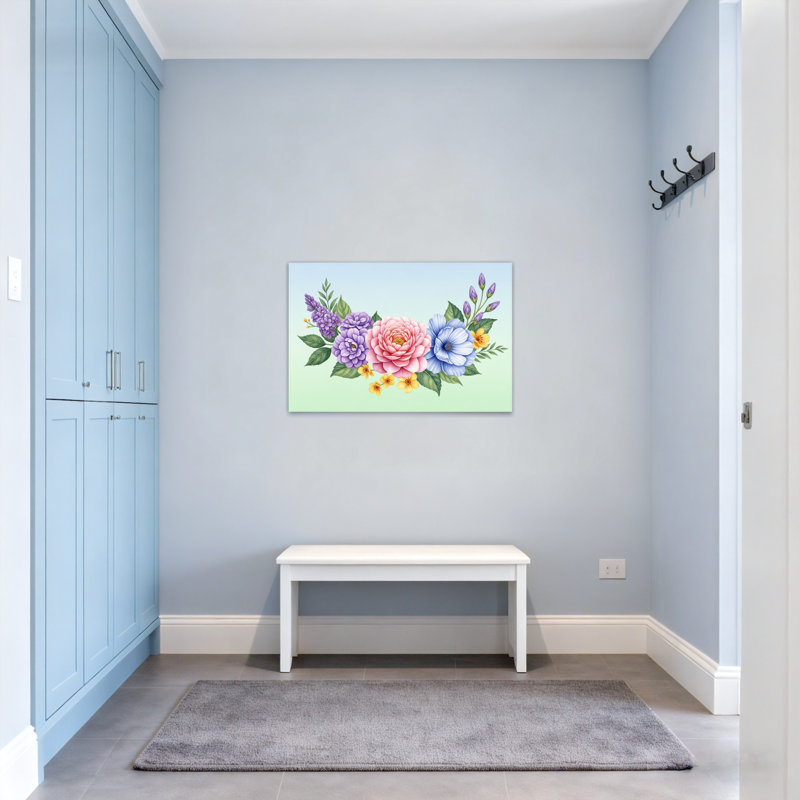 Arrangement floral de plantes et de fleurs avec des fleurs colorées et des feuilles vertes, H 16 po x l 24 po