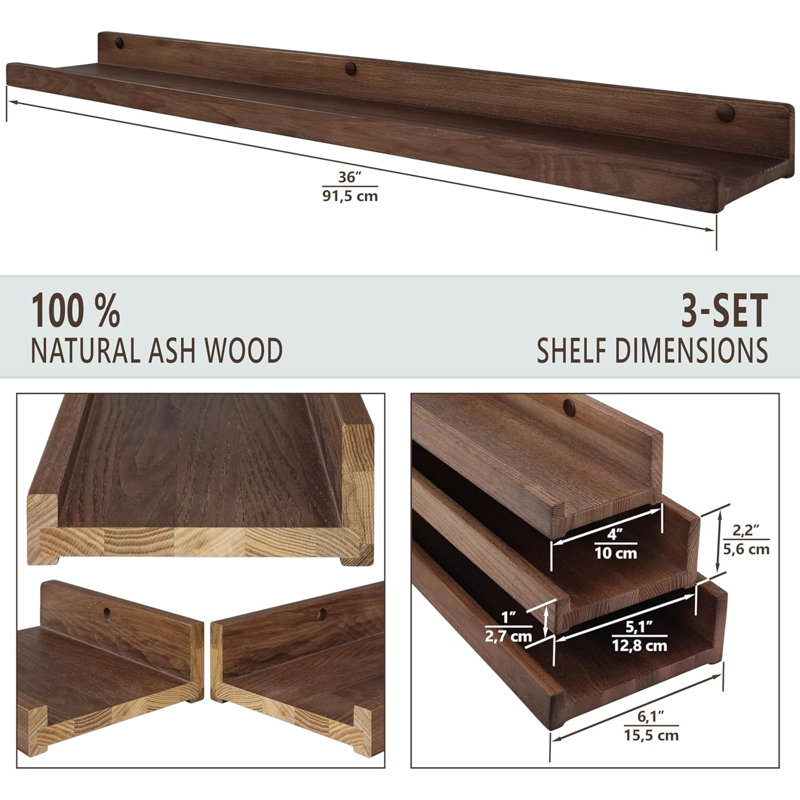 Natalynn 3 Piece Floating Shelf, 15.60cm H x 91.50cm W x 5.60cm D, Brown