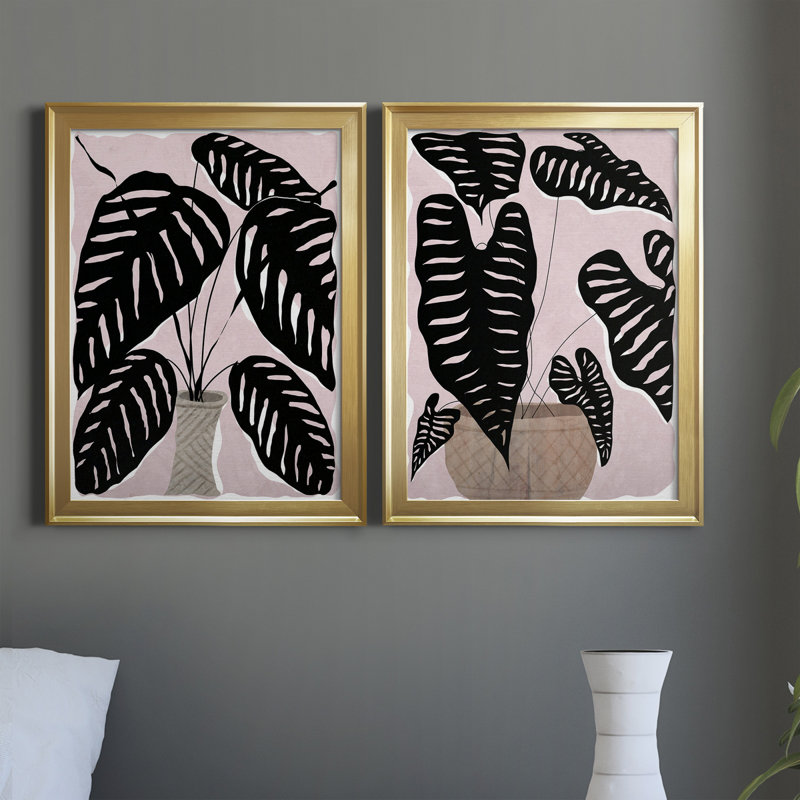 Plante en pot I - ensemble de 2 peintures sur toiles, H 22,5 po x l 61 po x P 1,5 po, Gold Framed Canvas