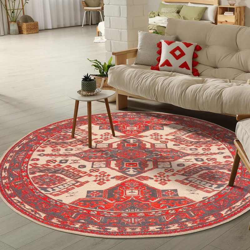 GLN Rugs Vintage Collection - Machine Washable Area Rug, Vintage Washable Rug, Non Slip Area Rug, Low Pile Living Room Rug, Bedroom Rug, Bathroom Rug - Easy Clean (Red and Black Rug)