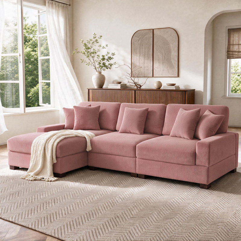 Canapé modulaire rembourré 3 pièces en velours côtelé-L, Velours côtelé rose, Orienté à gauche (vu de face)