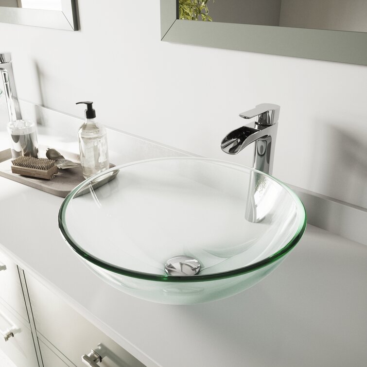 Crystalline Glass Circular Vessel Bathroom Sink with Faucet