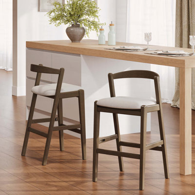 Tabouret de bar d'intérieur en bois d'hévéa avec revêtement beige, fini brun foncé, ensemble de 2