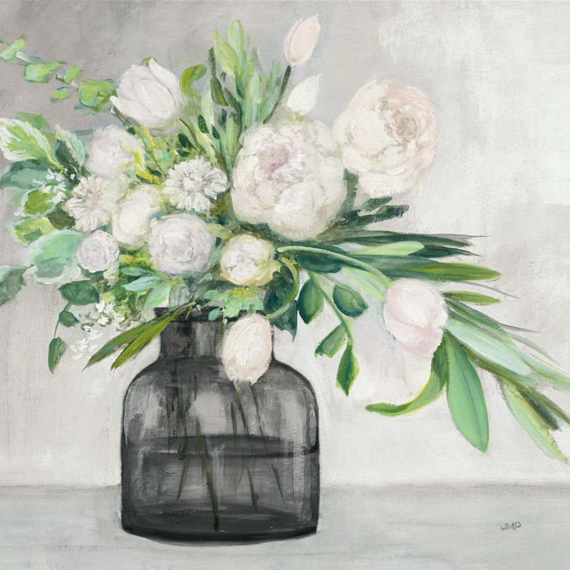 Bouquet de printemps noir - peinture sur toile tendue, H 36 po x l 36 po, Cadre flottant blanc, Non