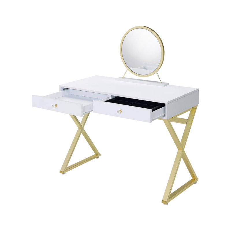 Bureau de coiffeuse rectangulaire avec miroir et plateau à bijoux, blanc et doré