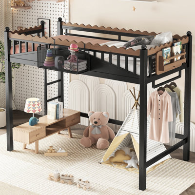 Lit mezzanine simple noir TG, tablettes de rangement et peu d'espace pour les petits dortoirs